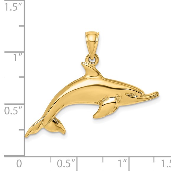 14k Yellow Gold Polished Swimming Dolphin Nautical Necklace Charm Pendant - Picture 3 of 4